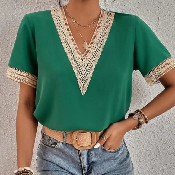 . Tops - Bohemian  V-neck Lace Solid Minimalist Blouse green